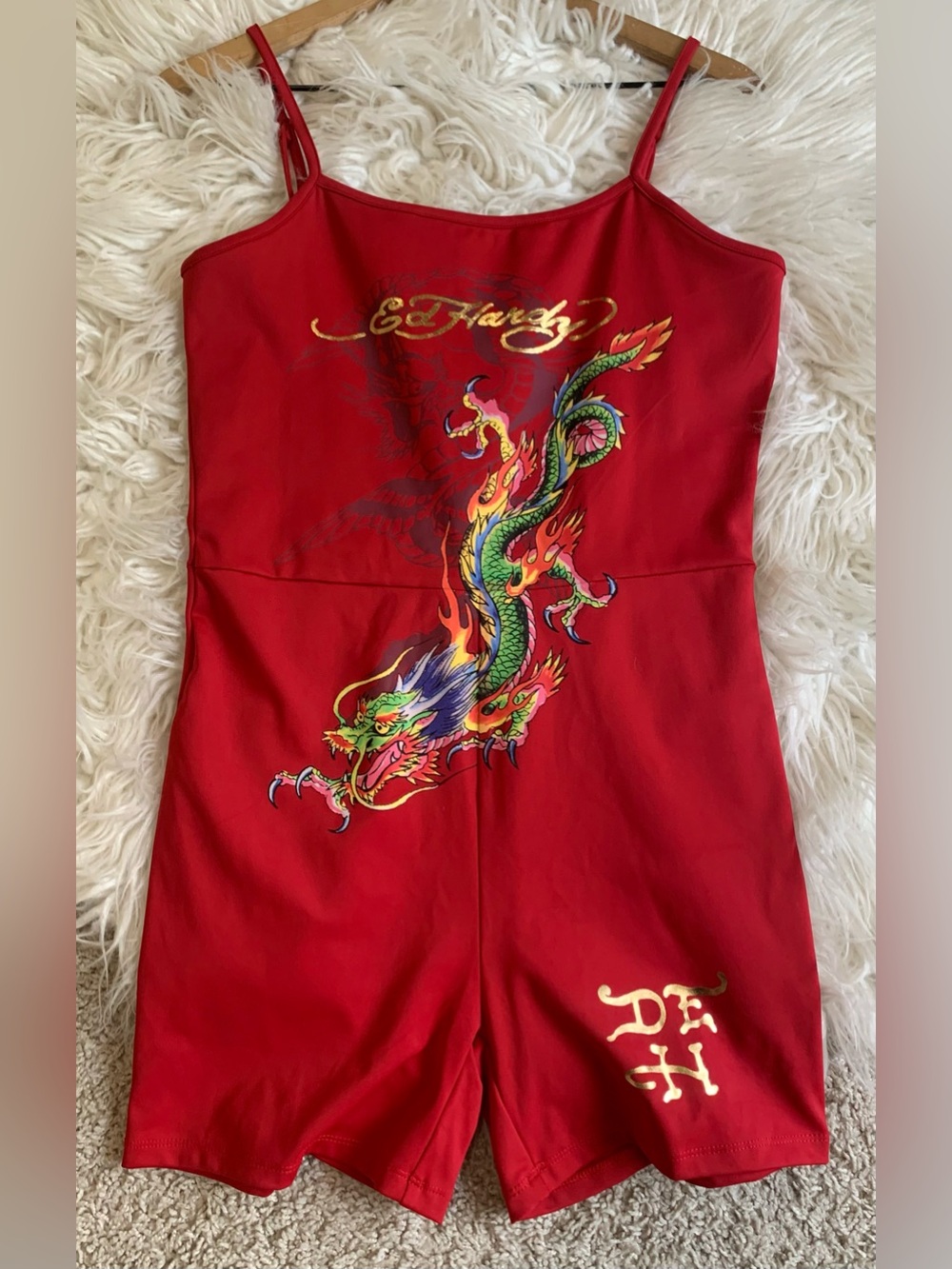 NWT Ed Hardy Dragon Romper Red Multicolor Size Large